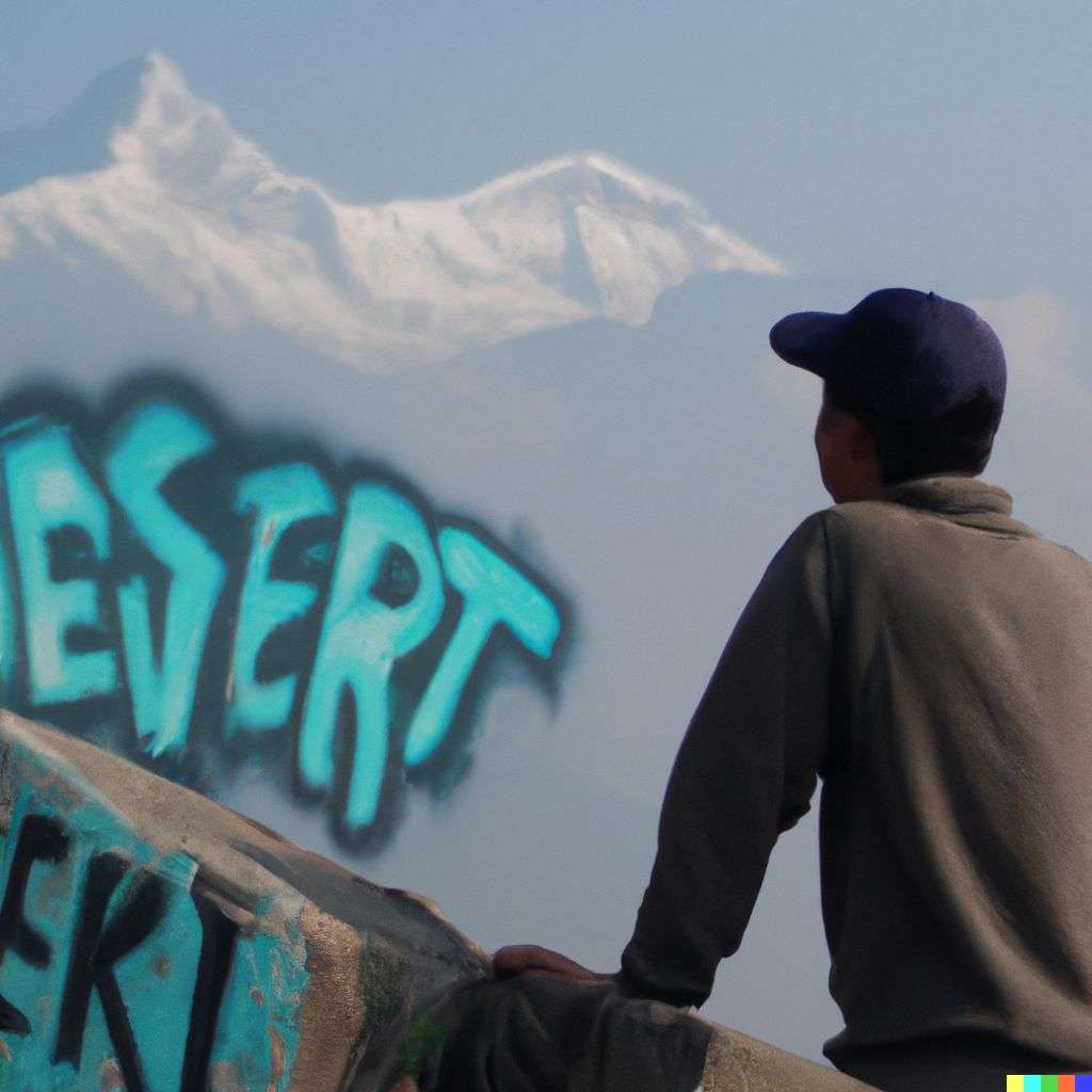 someone gazing at Mount Everest, graffiti